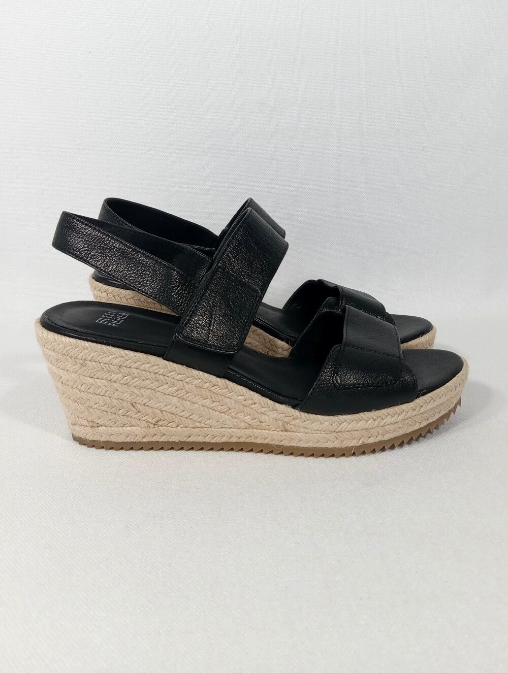 EILEEN FISHER 'Winnie' Black Leather Espadrille Wedge Sandals Women's Size 8